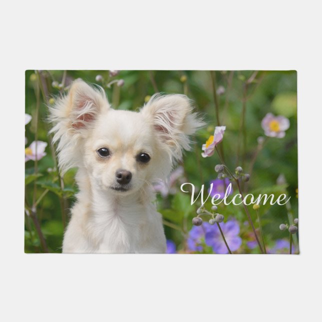 Cute cream Chihuahua Dog Puppy Pet Photo / Welcome Doormat (Front)
