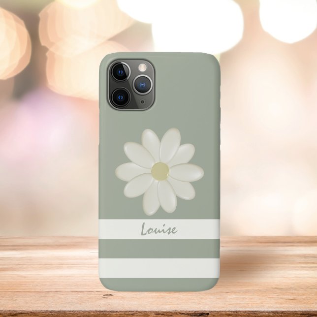 Cute Cream Daisy Flower Stripe Sage Green Name Case-Mate iPhone Case (Sage green and cream daisy phone case with space for your name)