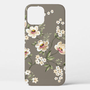 cute cream flowers with green leaves pattern on br iPhone 12 case