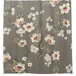 cute cream flowers with green leaves pattern on br shower curtain