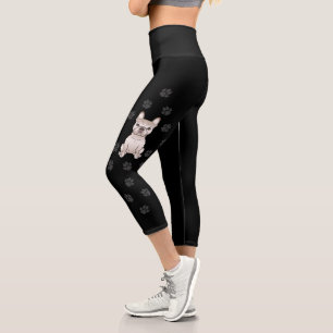 Cute Cream French Bulldog With Paw Prints Black Capri Leggings