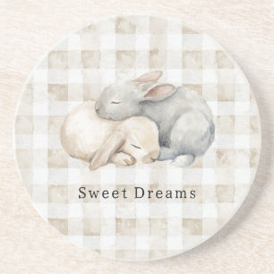 Cute Cream Grey Sleeping Bunnies Plaid Coaster
