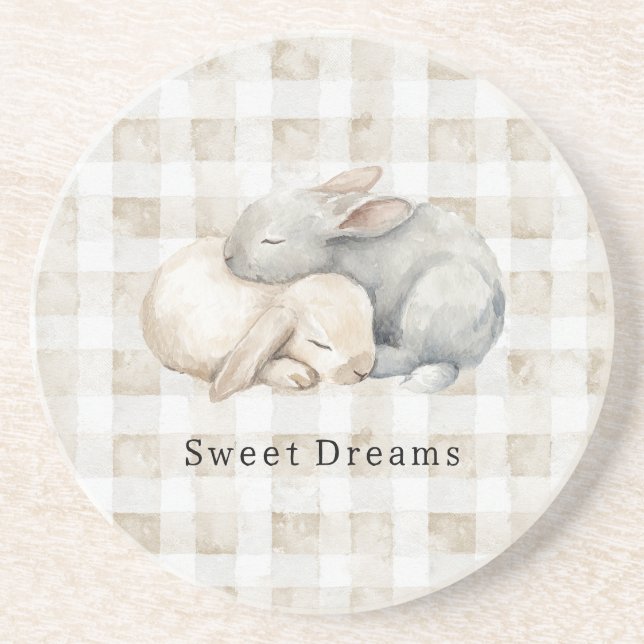 Cute Cream Grey Sleeping Bunnies Plaid Coaster (Front)