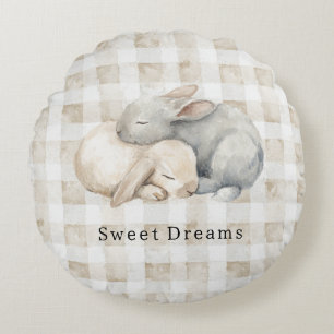 Cute Cream Grey Sleeping Bunnies Plaid Round Cushion