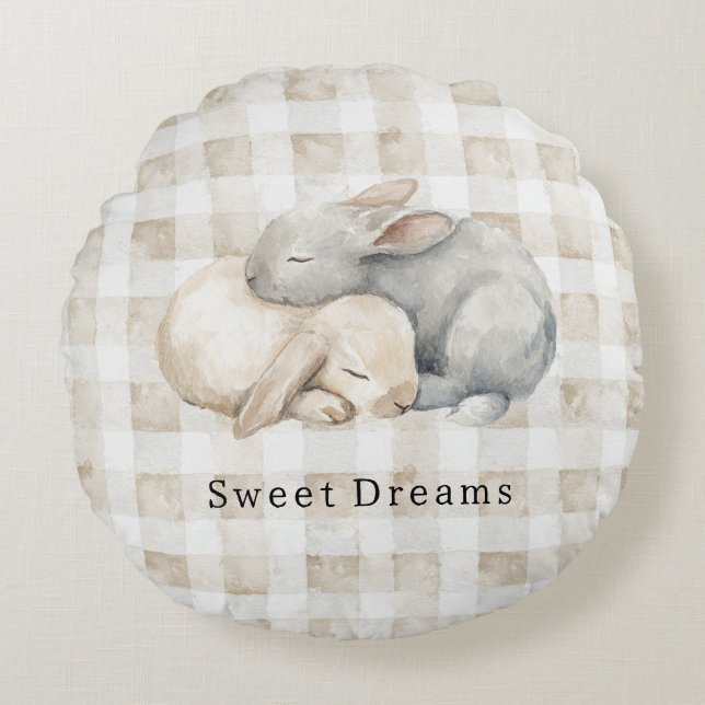 Cute Cream Grey Sleeping Bunnies Plaid Round Cushion (Front)