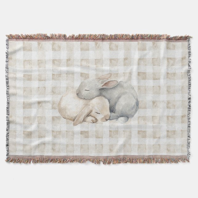 Cute Cream Grey Sleeping Bunnies Plaid Throw Blanket (Front)