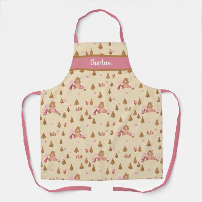 Cute Cream Pink Gingerbread Candy Canes Apron (Front)