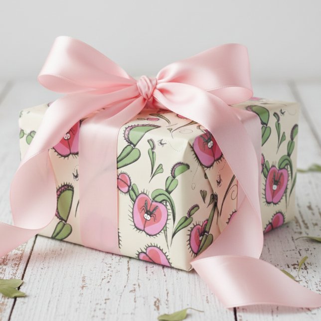 Cute Cream Venus Flytrap Stuck on Your Love Wrapping Paper (Cute Botanical Venus Flytrap Plants Whimsical Kids Wrapping Paper for Valentine's Day & Birthday)