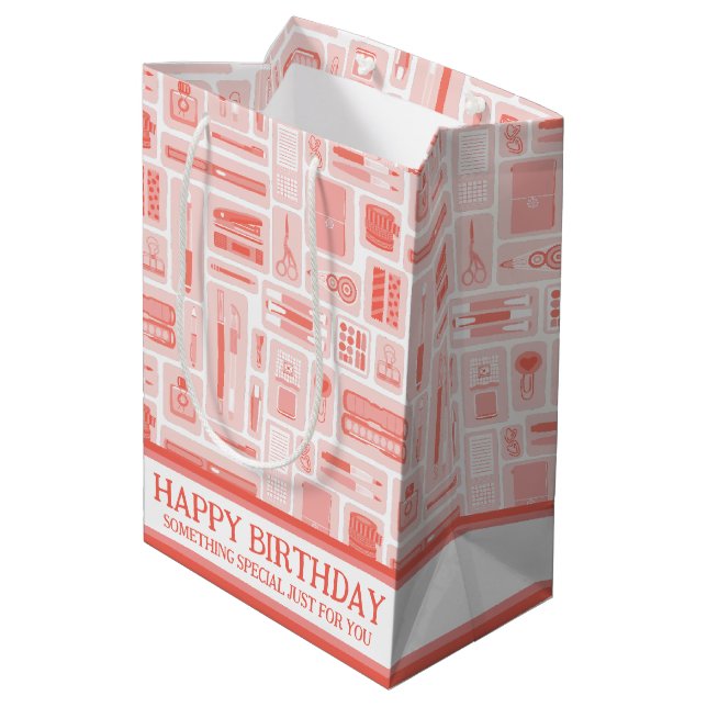 Cute Creative Art Supplies Coral Red Pattern Medium Gift Bag (Back Angled)