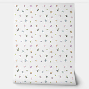 Cute Creatures: Hearts, Flowers and Bees Nursery Wallpaper