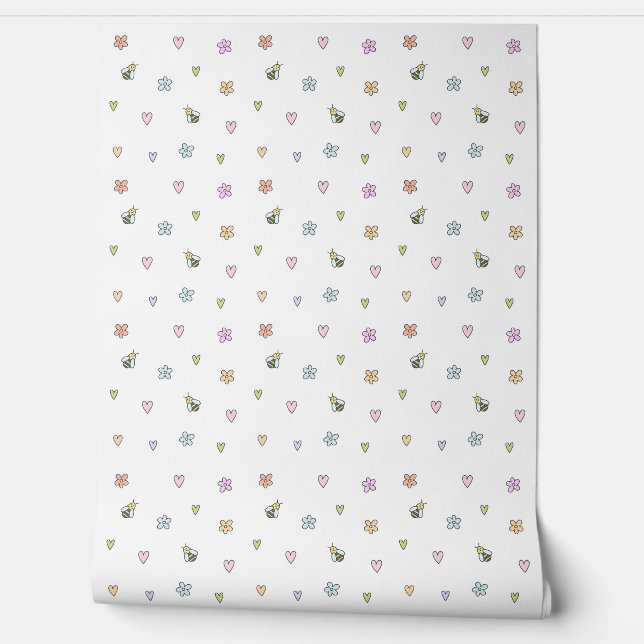 Cute Creatures: Hearts, Flowers and Bees Nursery Wallpaper (Unrolling)