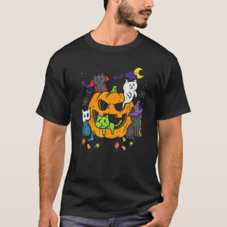 Cute Creepy Halloween Black Cat Witch Hat Pumpkin T-Shirt