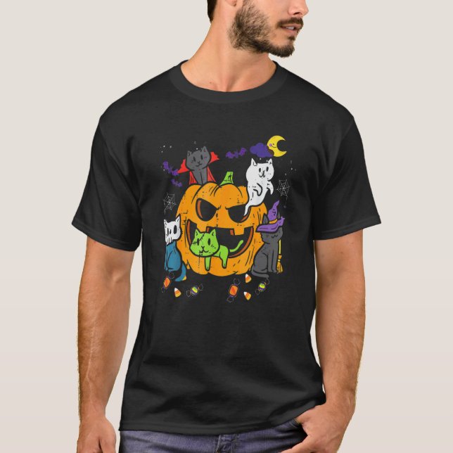 Cute Creepy Halloween Black Cat Witch Hat Pumpkin T-Shirt (Front)