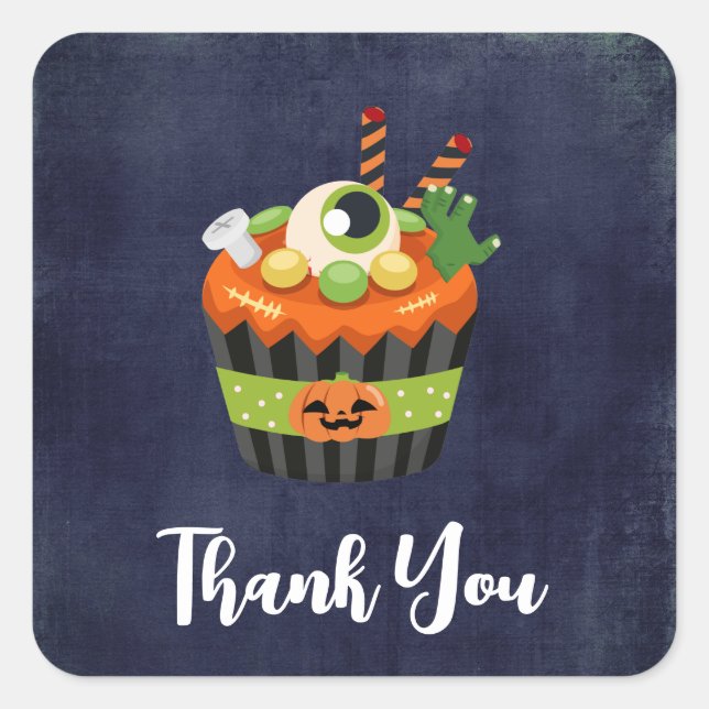 Cute & Creepy Halloween Cupcake Thank You Square Sticker (Front)