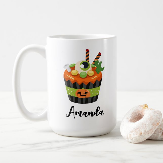 Cute & Creepy Halloween Cupcake with a Big Eyeball Coffee Mug (With Donut)