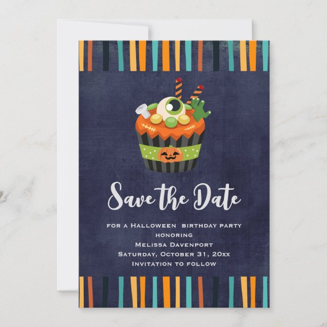 Cute & Creepy Halloween Cupcake with a Big Eyeball Save The Date (Front)