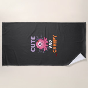 Cute Creepy Pink Monster Halloween Spider Web Bats Beach Towel