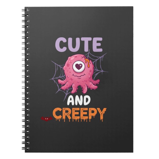 Cute Creepy Pink Monster Halloween Spider Web Bats Notebook (Front)