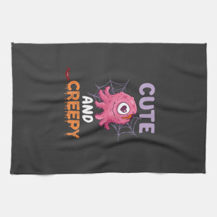 Cute Creepy Pink Monster Halloween Spider Web Bats Tea Towel
