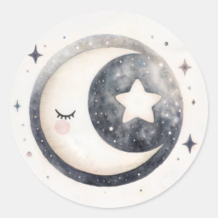 Cute Crescent Moon and Stars Watercolor Classic Round Sticker
