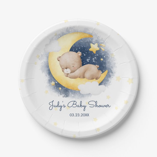 Cute Crescent Moon Teddy Bear Baby Shower Paper Plate (Front)