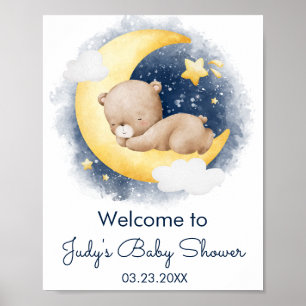 Cute Crescent Moon Teddy Bear Baby Shower Poster