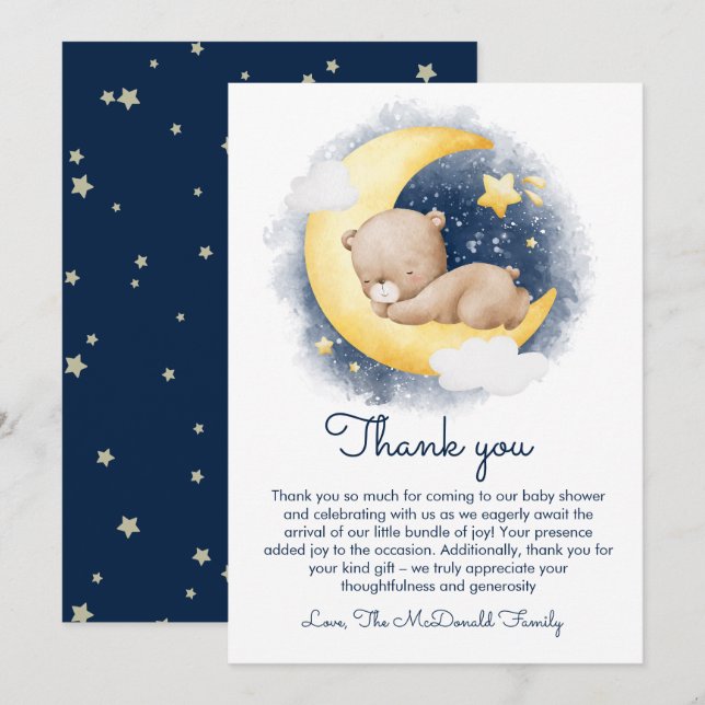 Cute Crescent Moon Teddy Bear Baby Shower  Thank You Card (Front/Back)