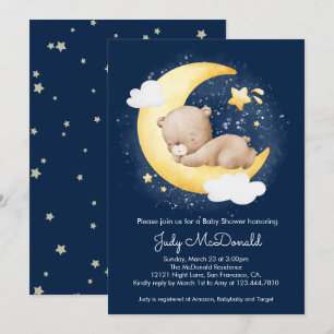 Cute Crescent Navy Moon Teddy Bear Baby Shower  Invitation