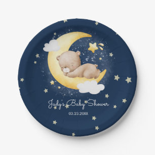 Cute Crescent Navy Moon Teddy Bear Baby Shower Paper Plate