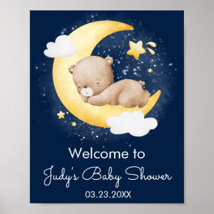 Cute Crescent Navy Moon Teddy Bear Baby Shower Poster