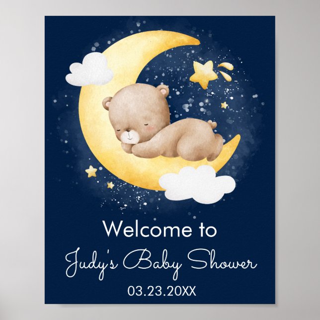 Cute Crescent Navy Moon Teddy Bear Baby Shower Poster (Front)