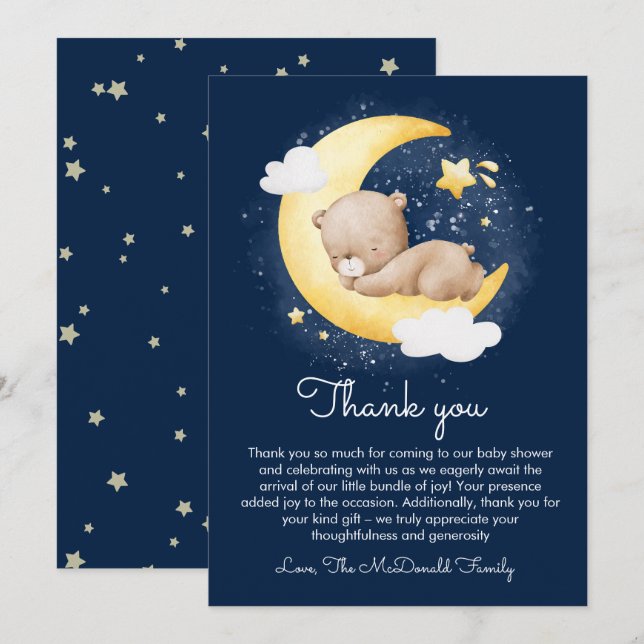 Cute Crescent Navy Moon Teddy Bear Baby Shower  Thank You Card (Front/Back)
