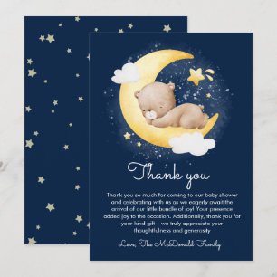 Cute Crescent Navy Moon Teddy Bear Baby Shower  Thank You Card