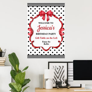 Cute Crimson Bow Birthday Poster