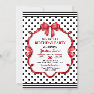 Cute Crimson Bow Girly Birthday Invitation