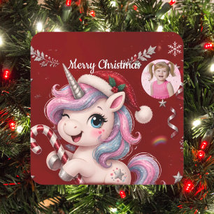 Cute Crimson Christmas Unicorn Girl Photo Square Sticker