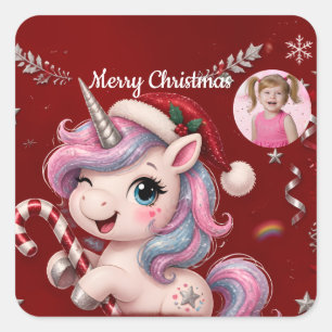 Cute Crimson Christmas Unicorn Girl Photo Square Sticker