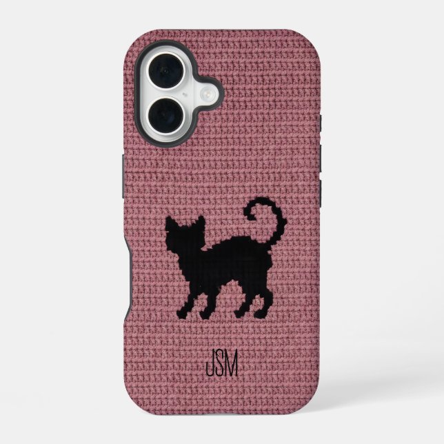 Cute Crochet Black Cat Custom Initials Monogram   iPhone 16 Case (Back)