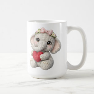 Cute Crochet Elephant Holding Heart Amigurumi Art Coffee Mug