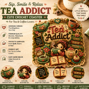 Cute Crochet Girl Enjoying Coffee Woodland Cottage Square Paper Coaster