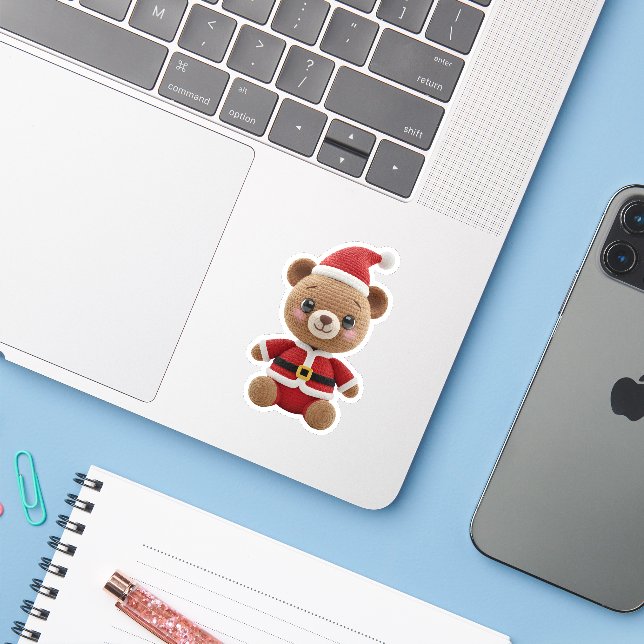 Cute Crochet Santa Teddy Bear Sticker (Laptop w/ iPhone)