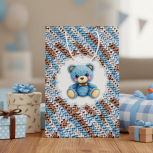 Cute Crochet Teddy Bear Blue and Brown Medium Gift Bag