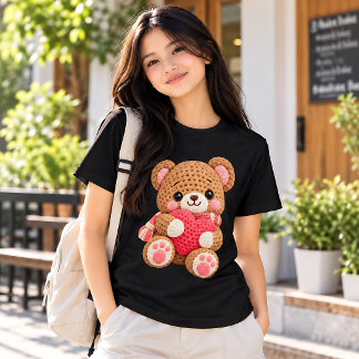 Cute Crochet Teddy Bear Holding Heart Kids Tri-Blend Shirt