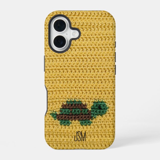 Cute Crochet Turtle Custom Initials Monogram   iPhone 16 Case (Back)