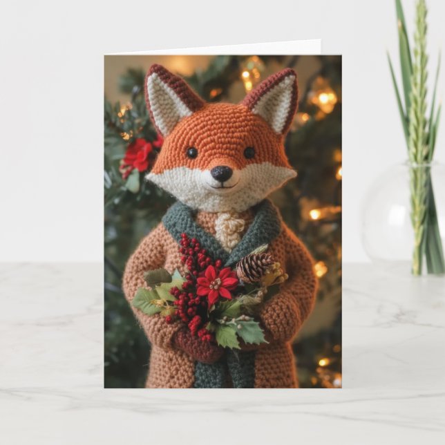 Cute Crocheted Christmas Fox Holiday Card (Front)