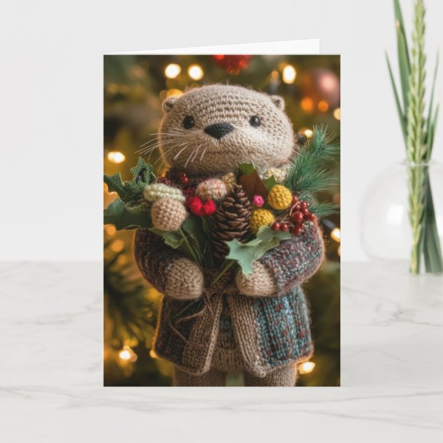 Cute Crocheted Christmas Otter Holiday Card (Front)