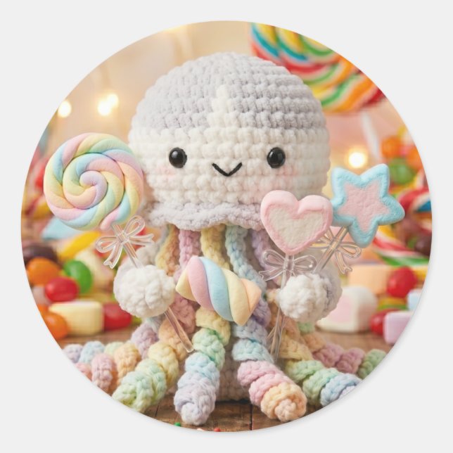 Cute Crocheted Octopus and Candy Land Classic Round Sticker (Front)