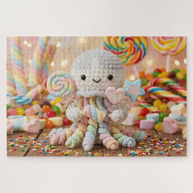 Cute Crocheted Octopus and Candy Land Jigsaw Puzzle (Horizontal)