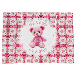 Cute Crocheted Teddy Bear Girl's Baby Shower Large Gift Bag