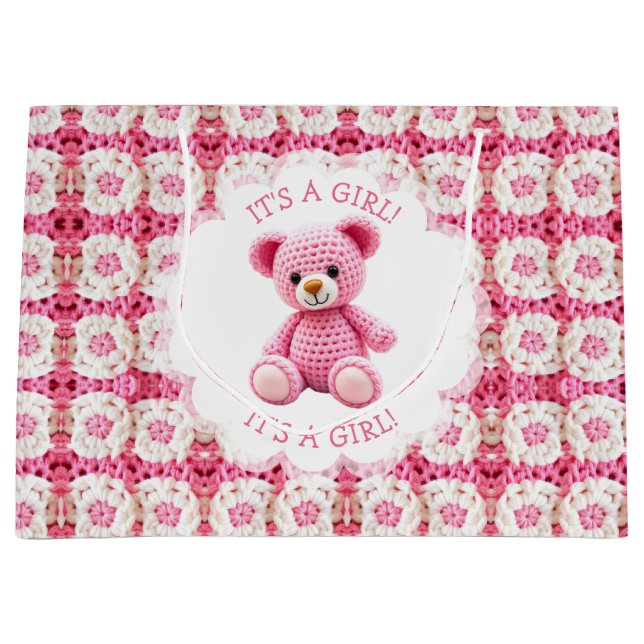 Cute Crocheted Teddy Bear Girl's Baby Shower Large Gift Bag (Front)